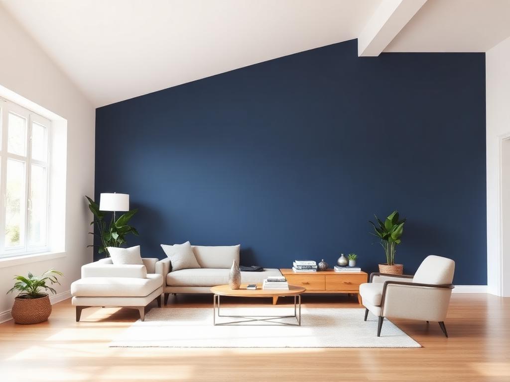 Living room with navy accent wall and crisp white walls