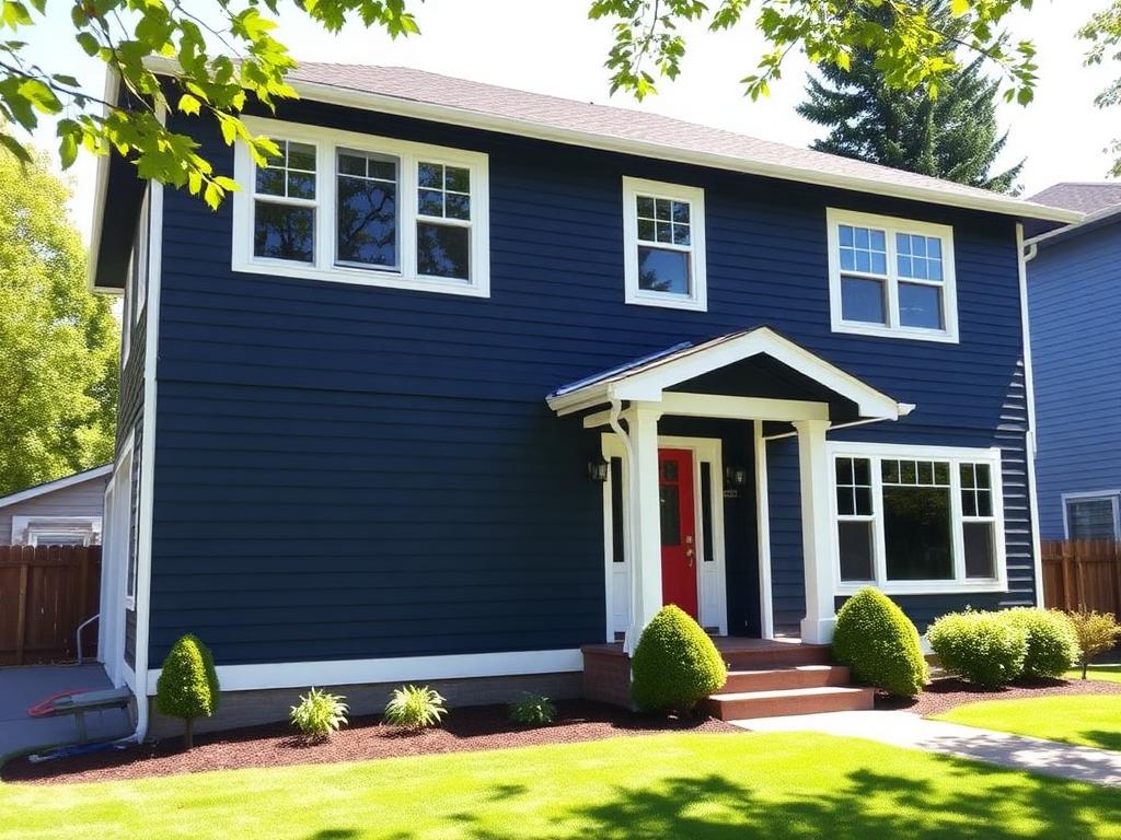 Exterior of a Tacoma home painted navy blue with white trim