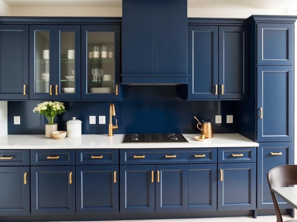 Navy blue kitchen cabinets with gold hardware